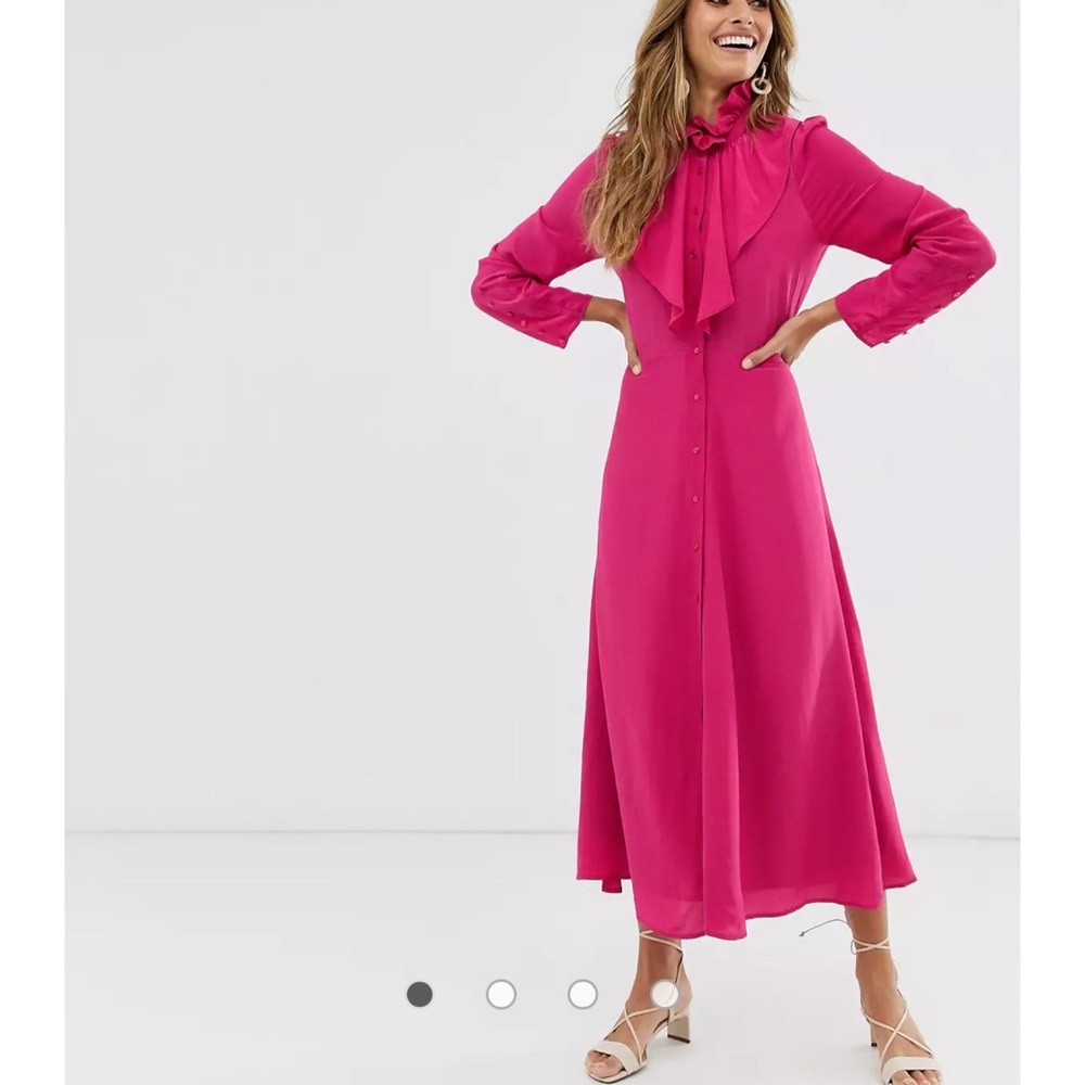 & Other Stories maxi dress with button and ruffle neck detail in fuschia pink
